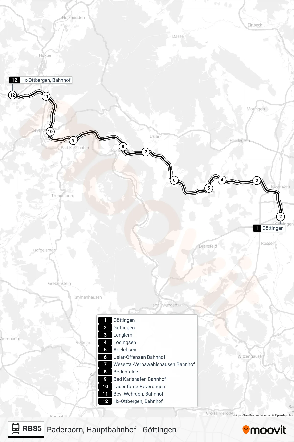Linie RB85 (Bahn) Richtung Hx-Ottbergen, Bahnhof: Route und Haltestellen auf der Karte
