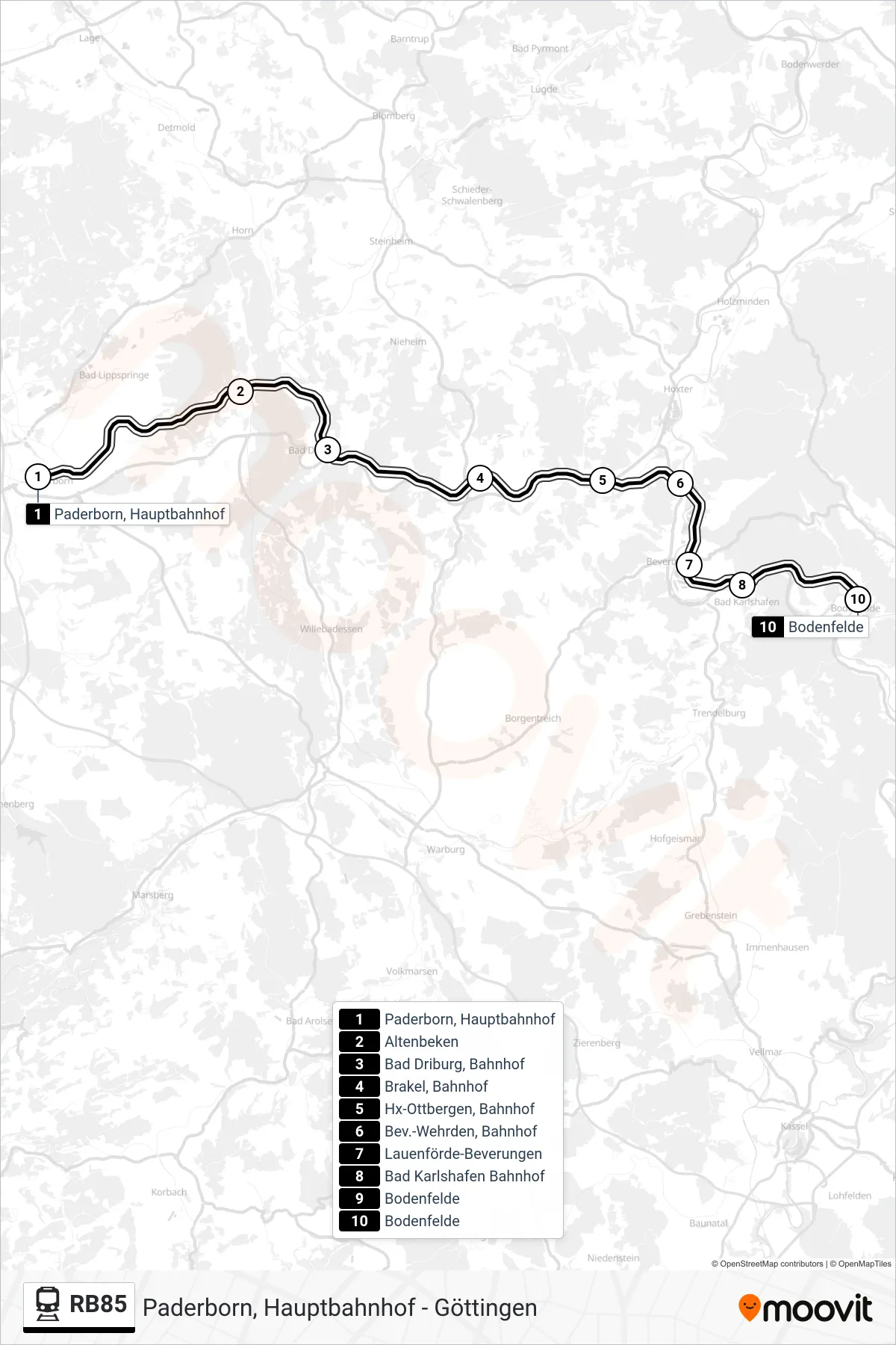 RB85 train Line (Bodenfelde) route and stops on a map