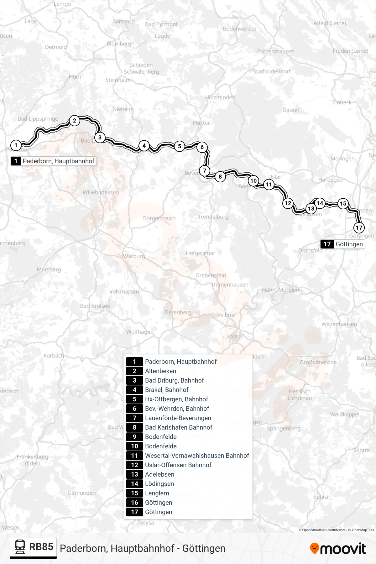 RB85 rail Line (Göttingen) route and stops on a map