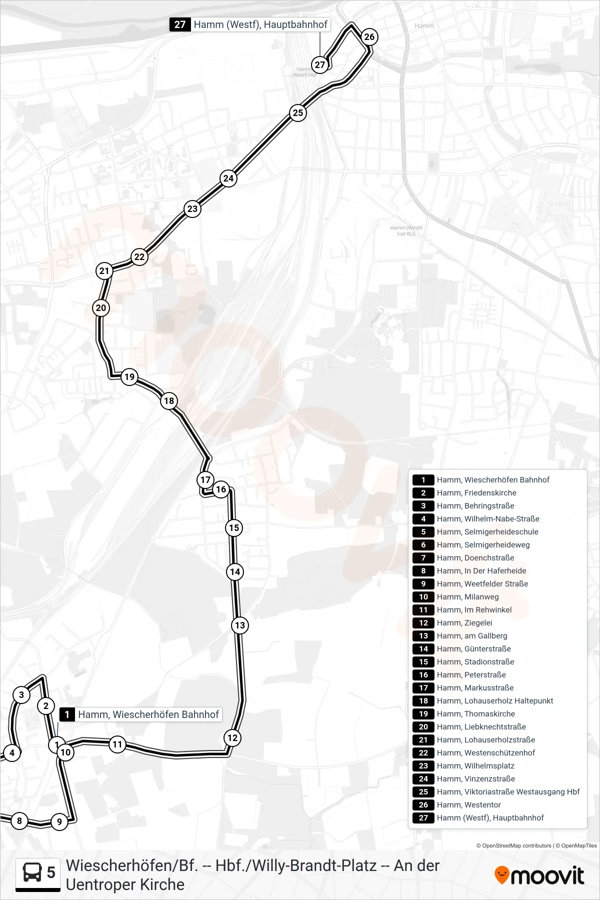 Linie 5 (Bus) Richtung Hamm (Westf), Hauptbahnhof Bstg 3: Route und Haltestellen auf der Karte