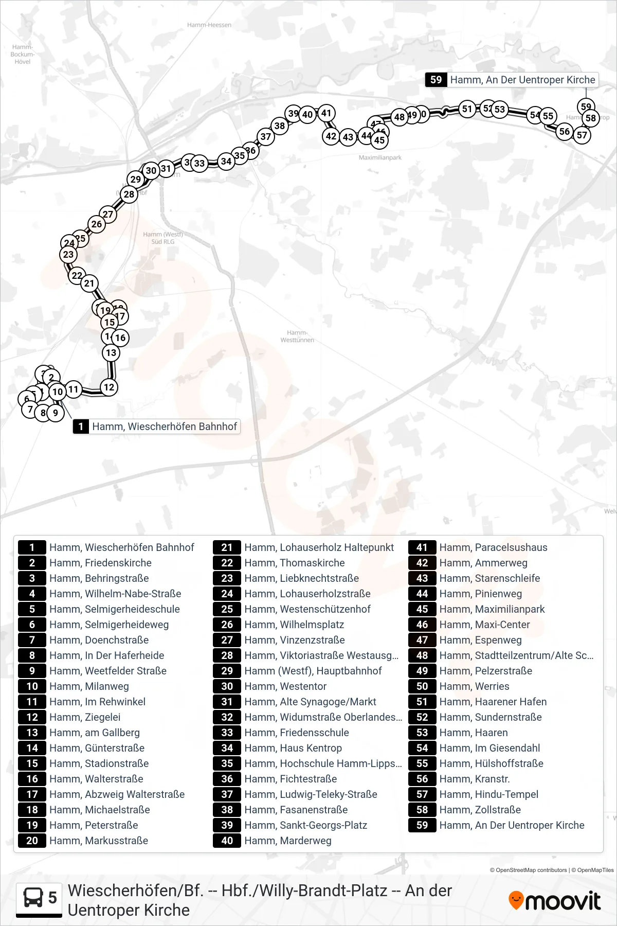 Linie 5 (Bus) Richtung Hamm, An Der Uentroper Kirche: Route und Haltestellen auf der Karte