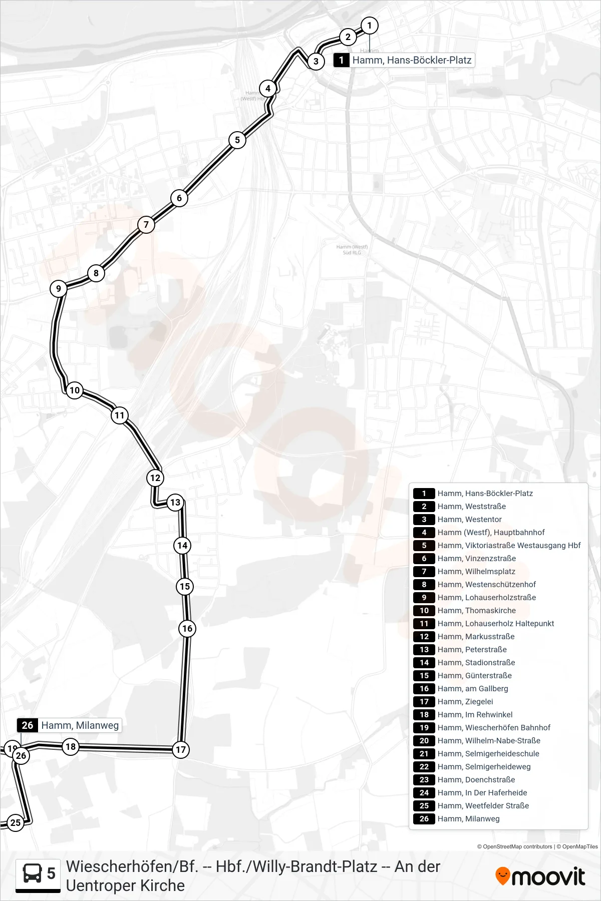 5 bus Line (Hamm, Milanweg) route and stops on a map