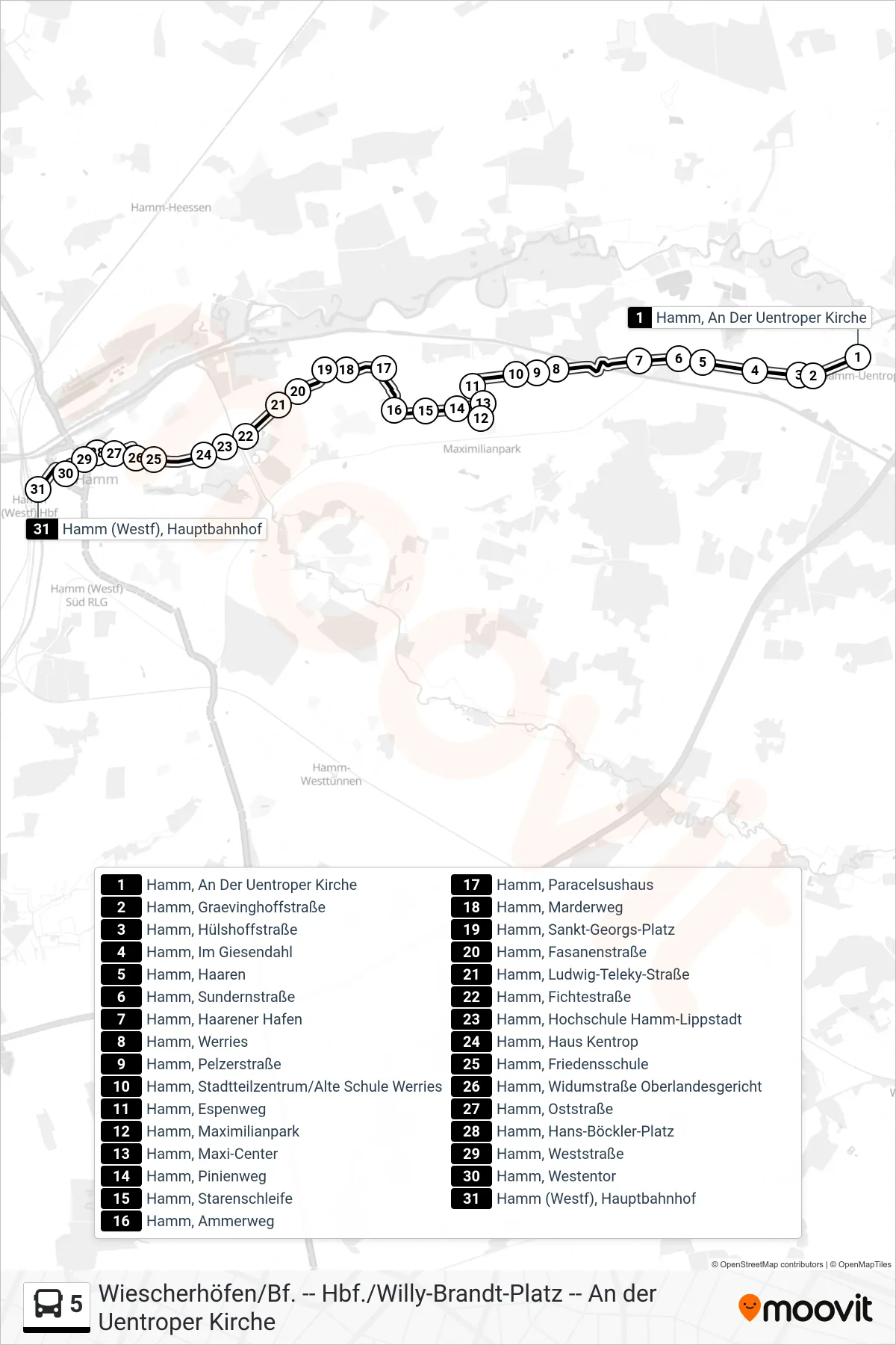 Linie 5 (Bus) Richtung Hamm (Westf), Hauptbahnhof: Route und Haltestellen auf der Karte