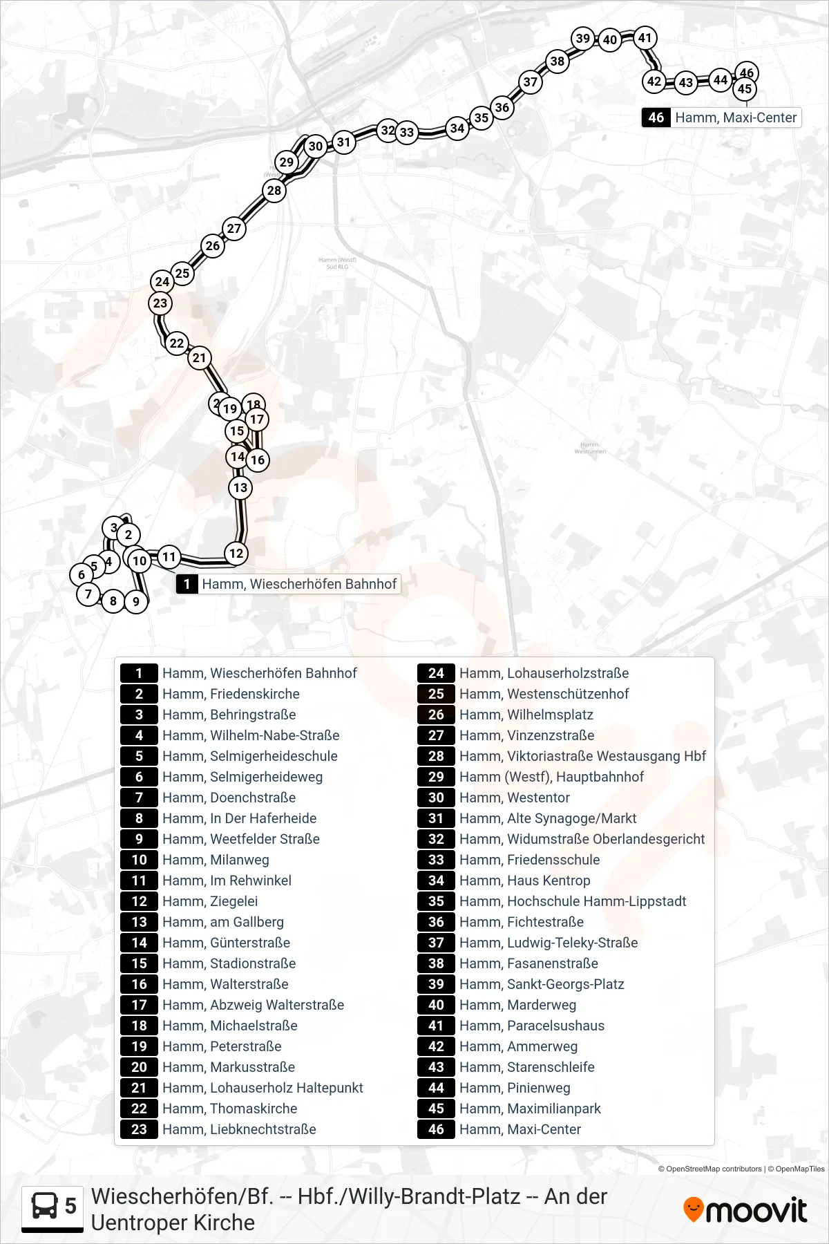 5 bus Line (Hamm, Maxi-Center) route and stops on a map
