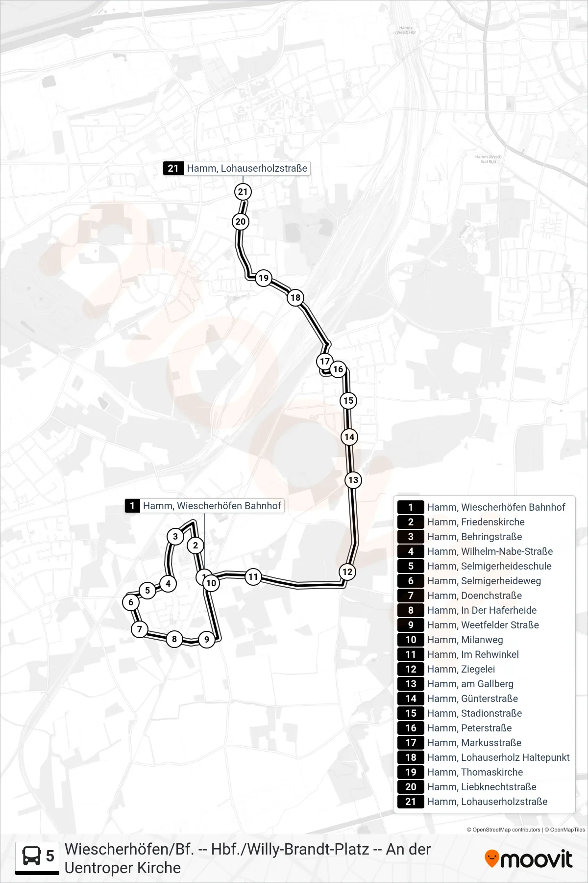 Linie 5 (Bus) Richtung Hamm, Lohauserholzstraße Bstg B2: Route und Haltestellen auf der Karte