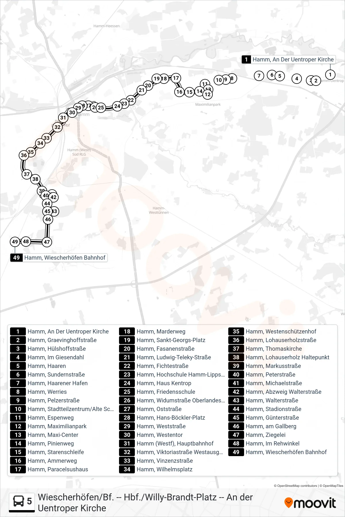 5 bus Line (Hamm, Wiescherhöfen Bahnhof) route and stops on a map