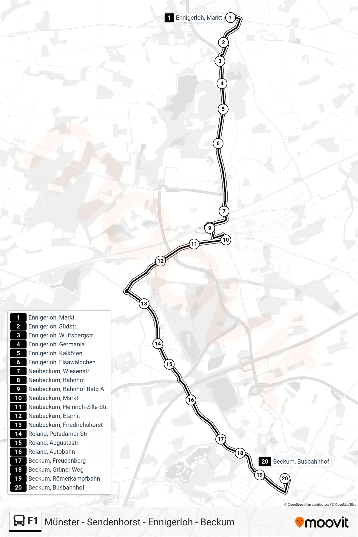 F1 bus Line (Beckum, Busbahnhof Bstg D) route and stops on a map
