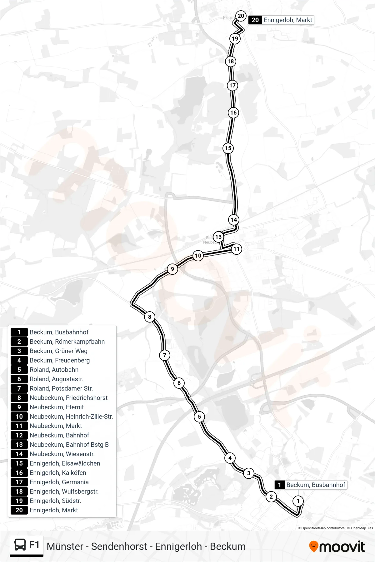 F1 bus Line (Ennigerloh, Markt Bstg A) route and stops on a map