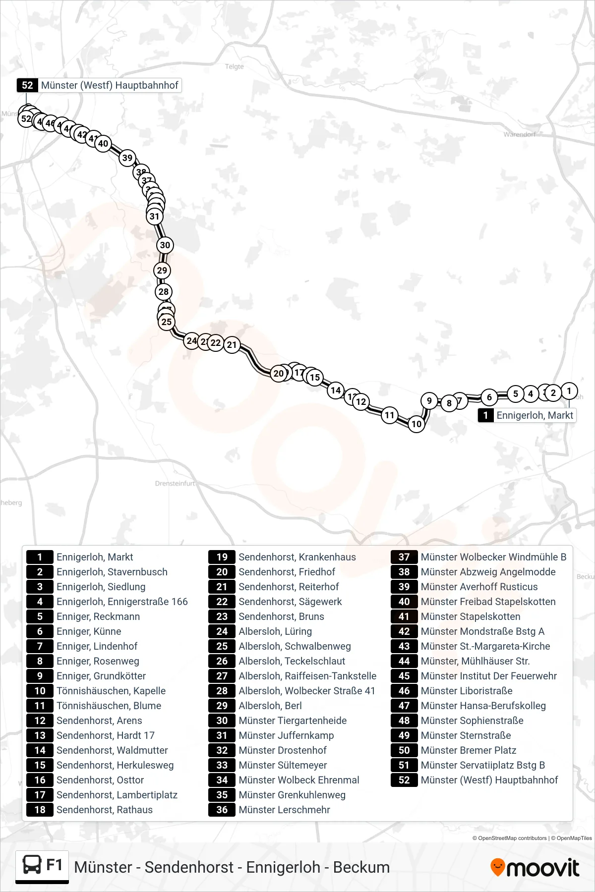 F1 bus Line (Münster (Westf)  Hauptbahnhof Bstg C1) route and stops on a map