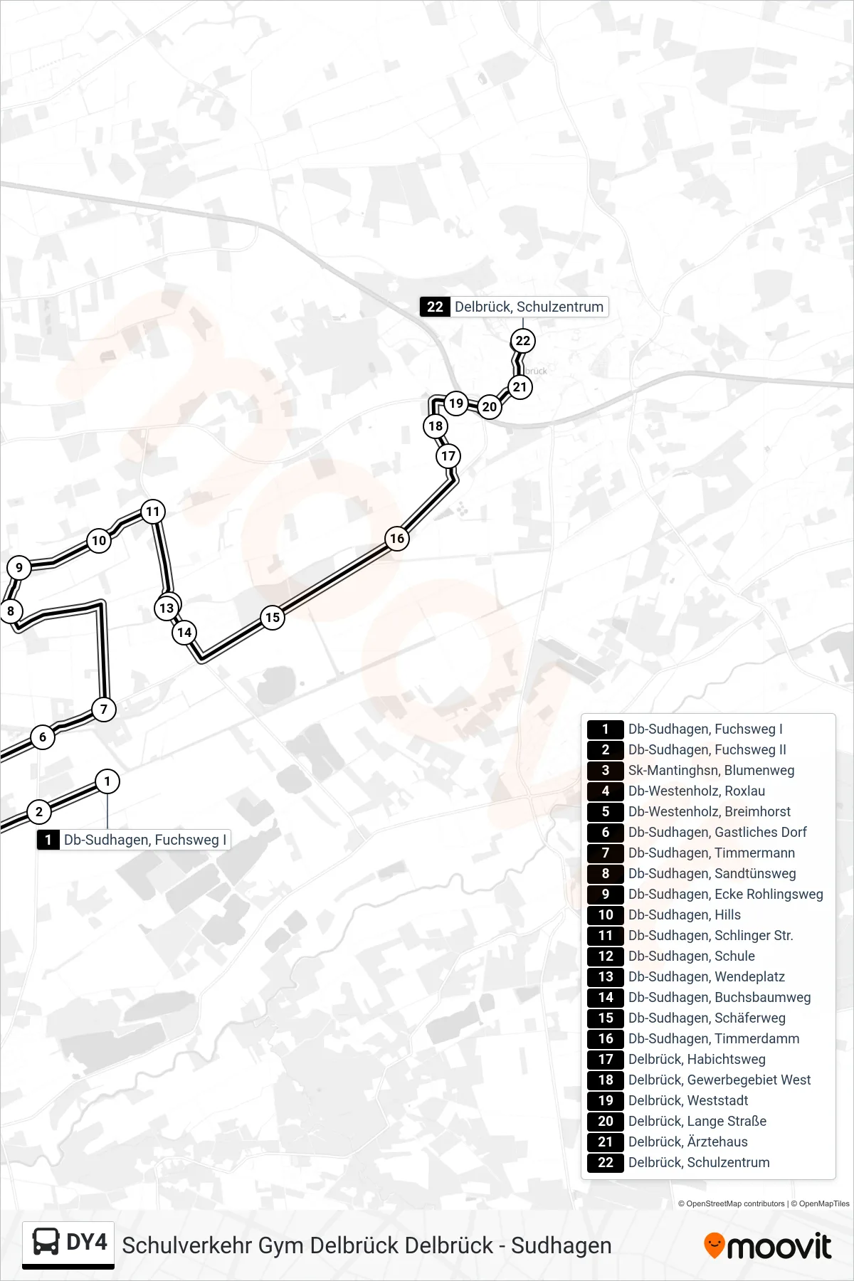 DY4 bus Line (Delbrück, Schulzentrum) route and stops on a map