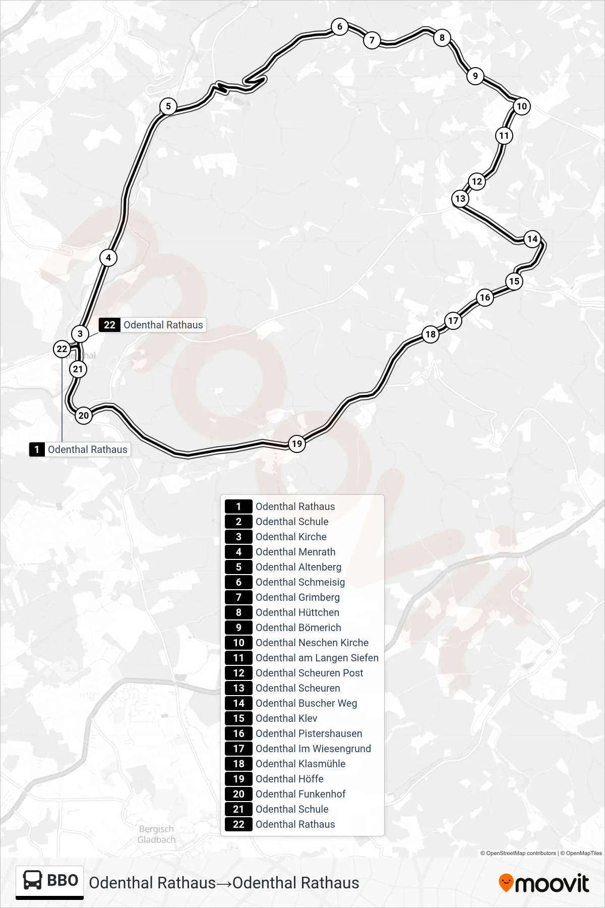BBO bus Line (Odenthal Rathaus‎→Odenthal Rathaus) route and stops on a map