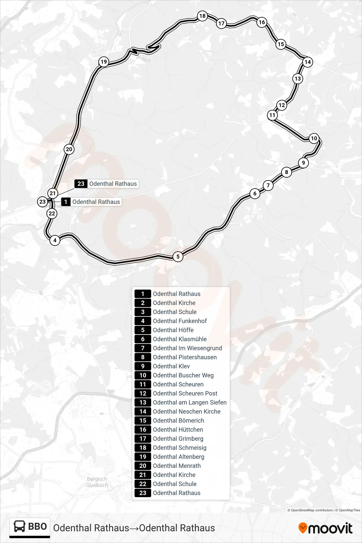 Linie BBO (Bus) Richtung Odenthal Rathaus→Odenthal Rathaus: Route und Haltestellen auf der Karte