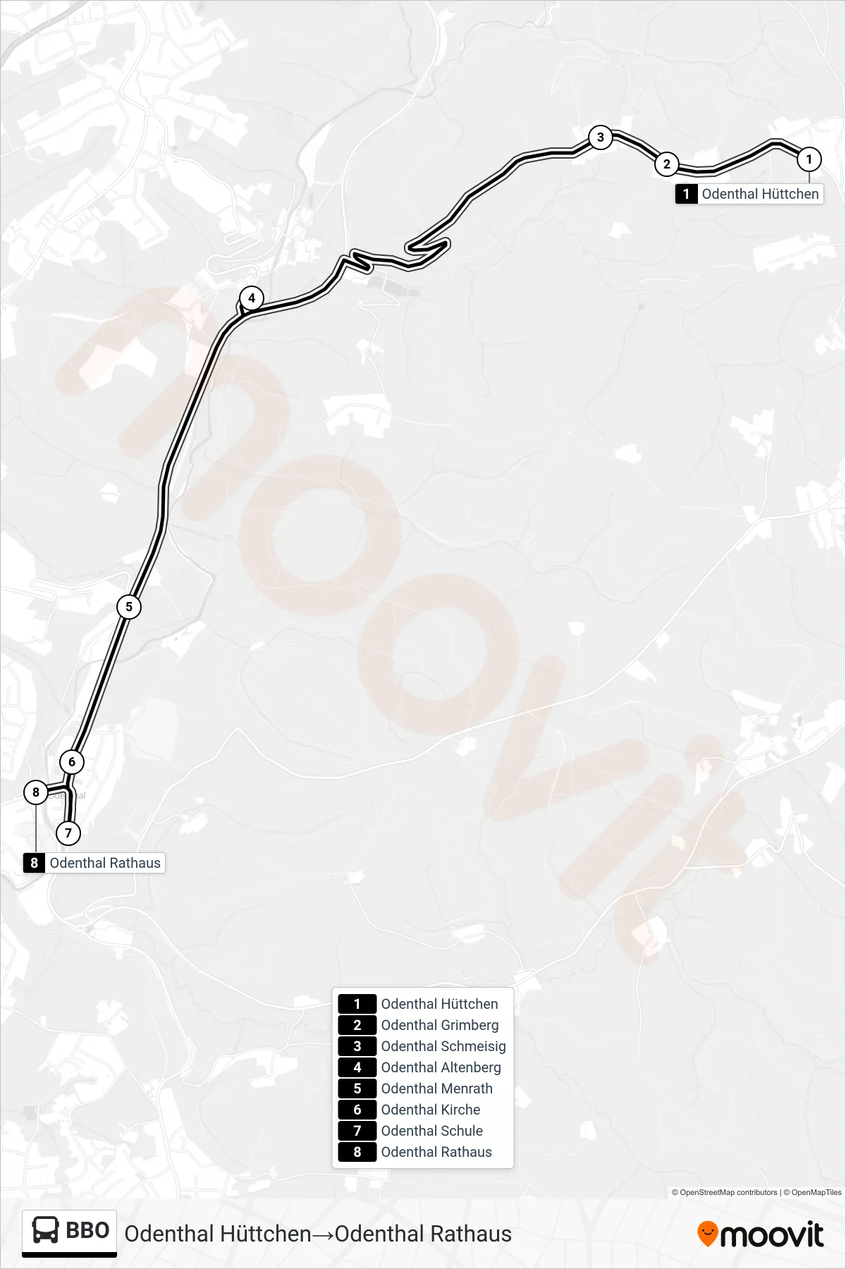 Linie BBO (Bus) Richtung Odenthal Hüttchen‎→Odenthal Rathaus: Route und Haltestellen auf der Karte