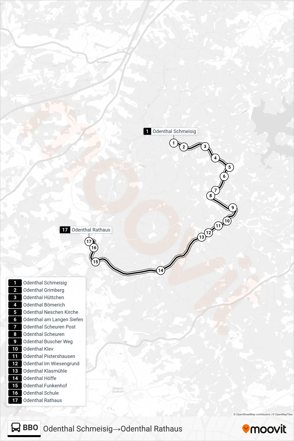 Linie BBO (Bus) Richtung Odenthal Schmeisig‎→Odenthal Rathaus: Route und Haltestellen auf der Karte