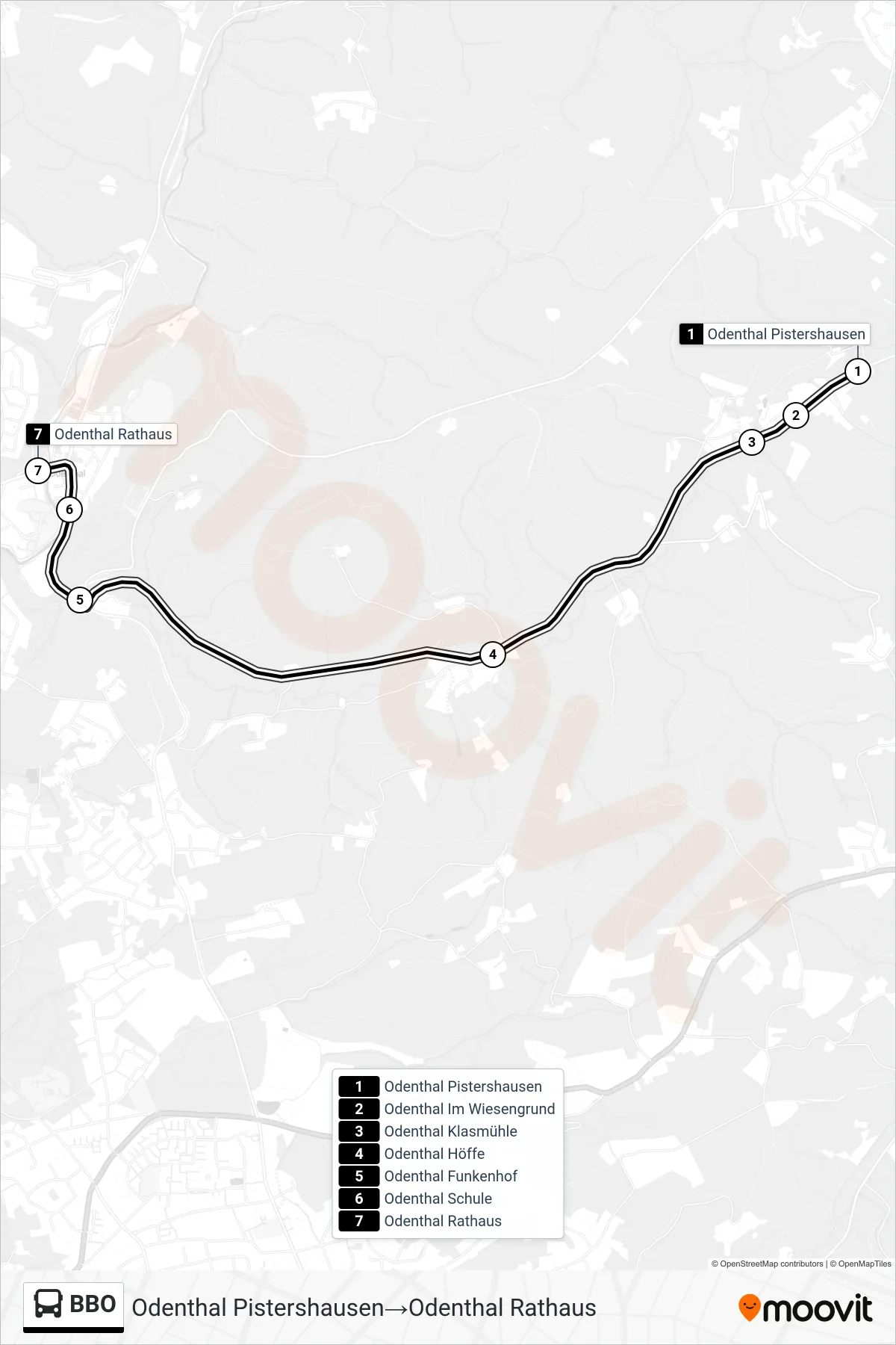 Linie BBO (Bus) Richtung Odenthal Pistershausen→Odenthal Rathaus: Route und Haltestellen auf der Karte