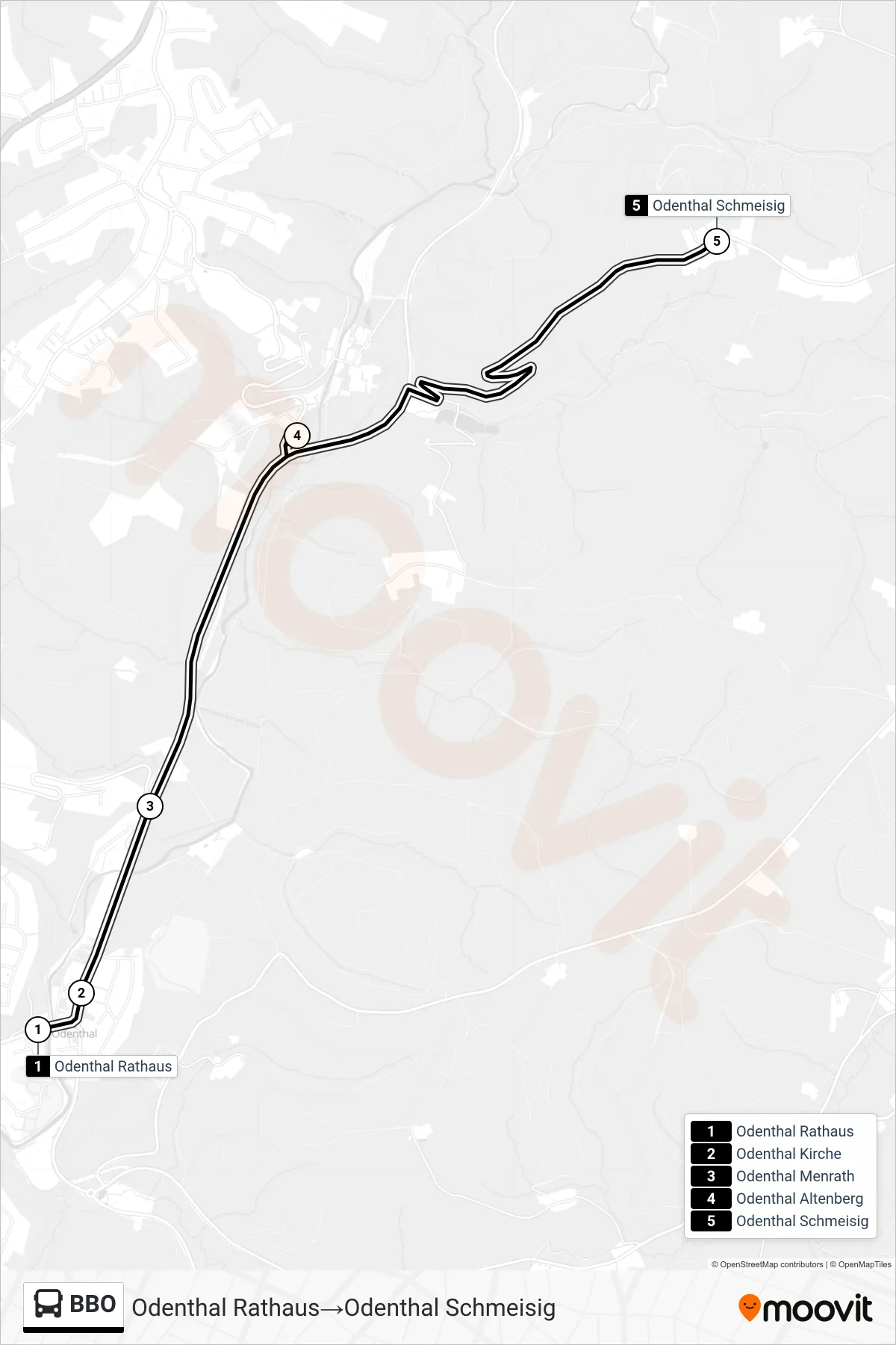 Linie BBO (Bus) Richtung Odenthal Rathaus‎→Odenthal Schmeisig: Route und Haltestellen auf der Karte