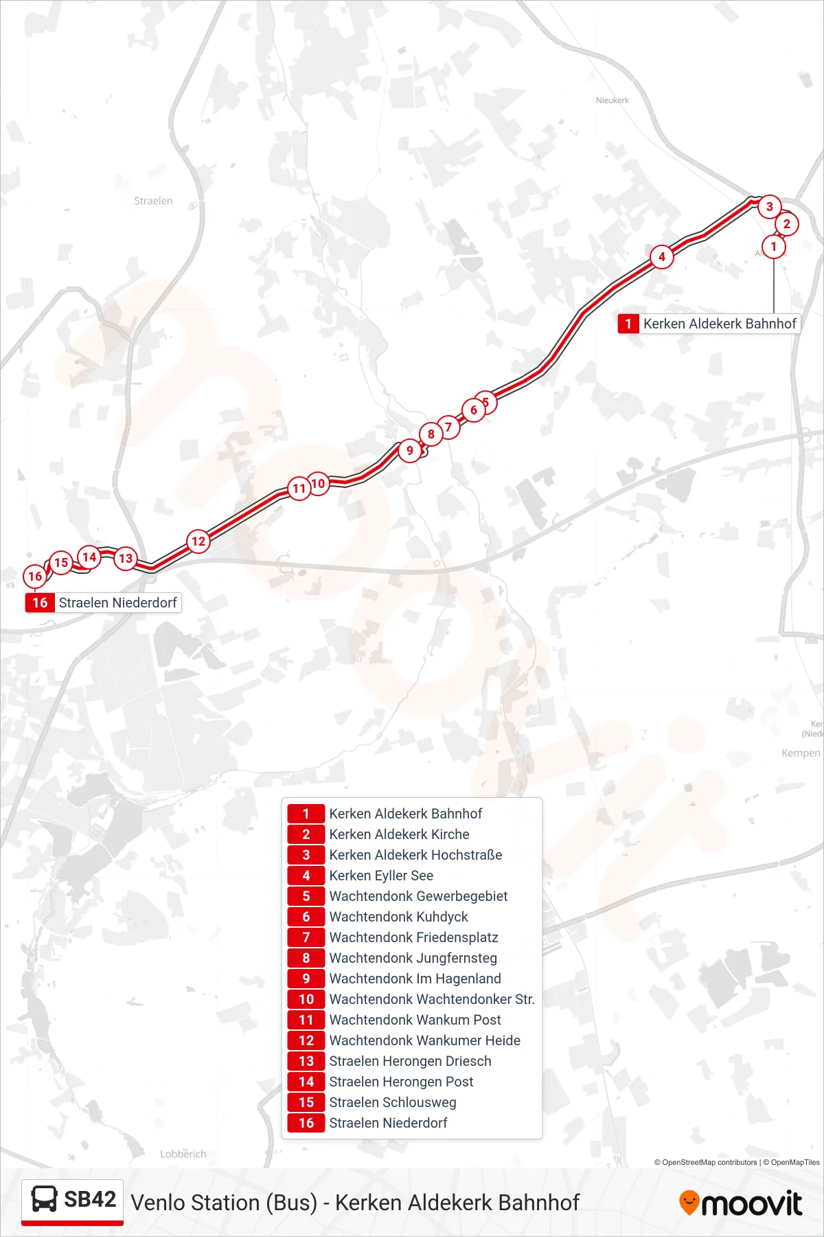 SB42 bus Line (Straelen Niederdorf) route and stops on a map
