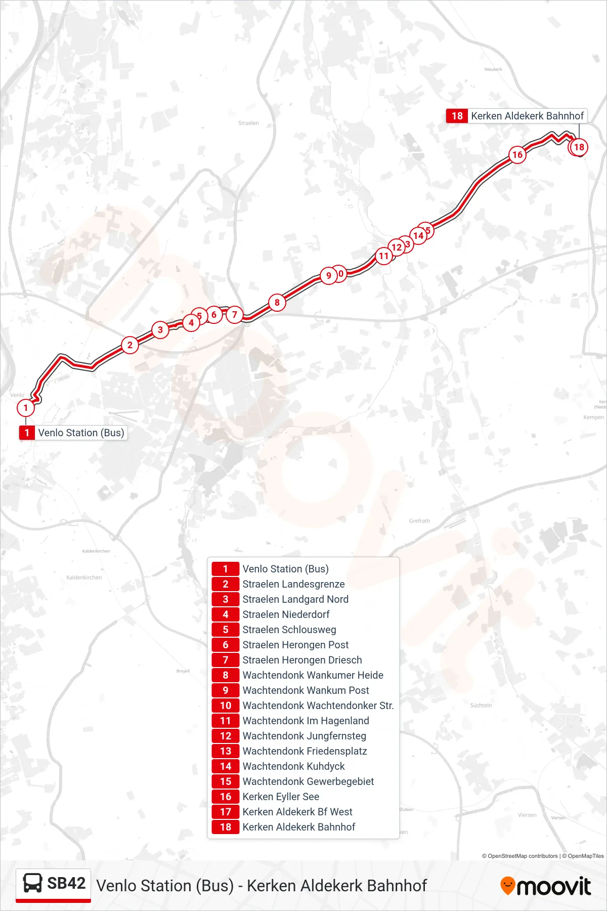 SB42 bus Line (Kerken Aldekerk Bahnhof) route and stops on a map