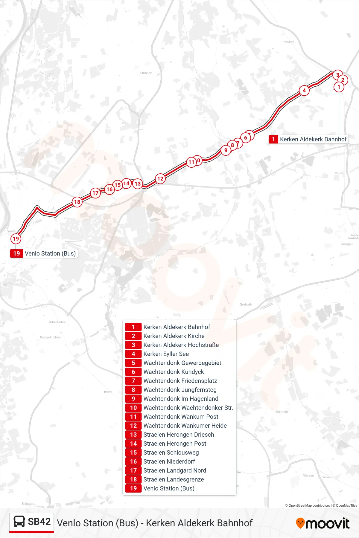 Linie SB42 (Bus) Richtung Venlo Station (Bus): Route und Haltestellen auf der Karte