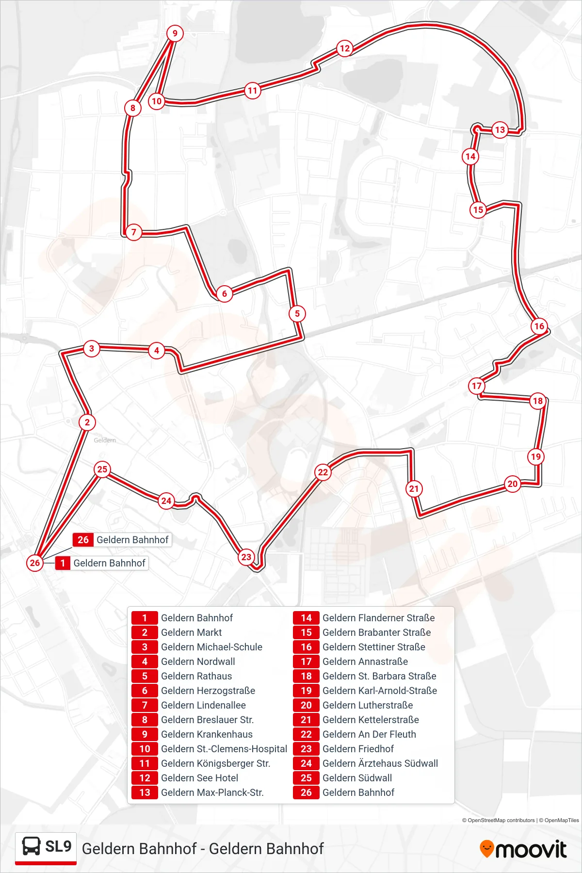 Linie SL9 (Bus) Richtung Geldern Bahnhof: Route und Haltestellen auf der Karte