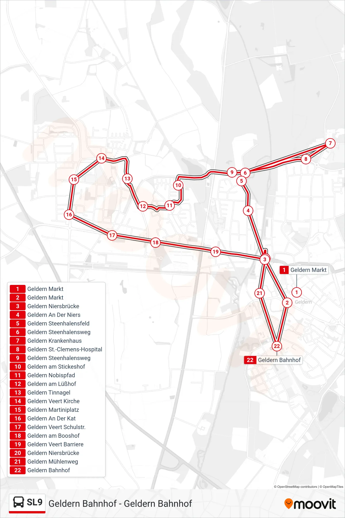 Linie SL9 (Bus) Richtung Geldern Bahnhof: Route und Haltestellen auf der Karte