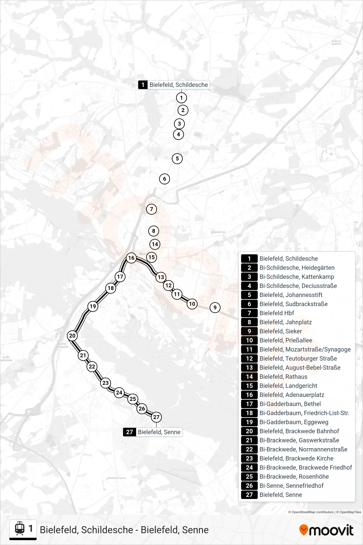 Linie 1 (Straßenbahn) Richtung Bielefeld, Senne: Route und Haltestellen auf der Karte