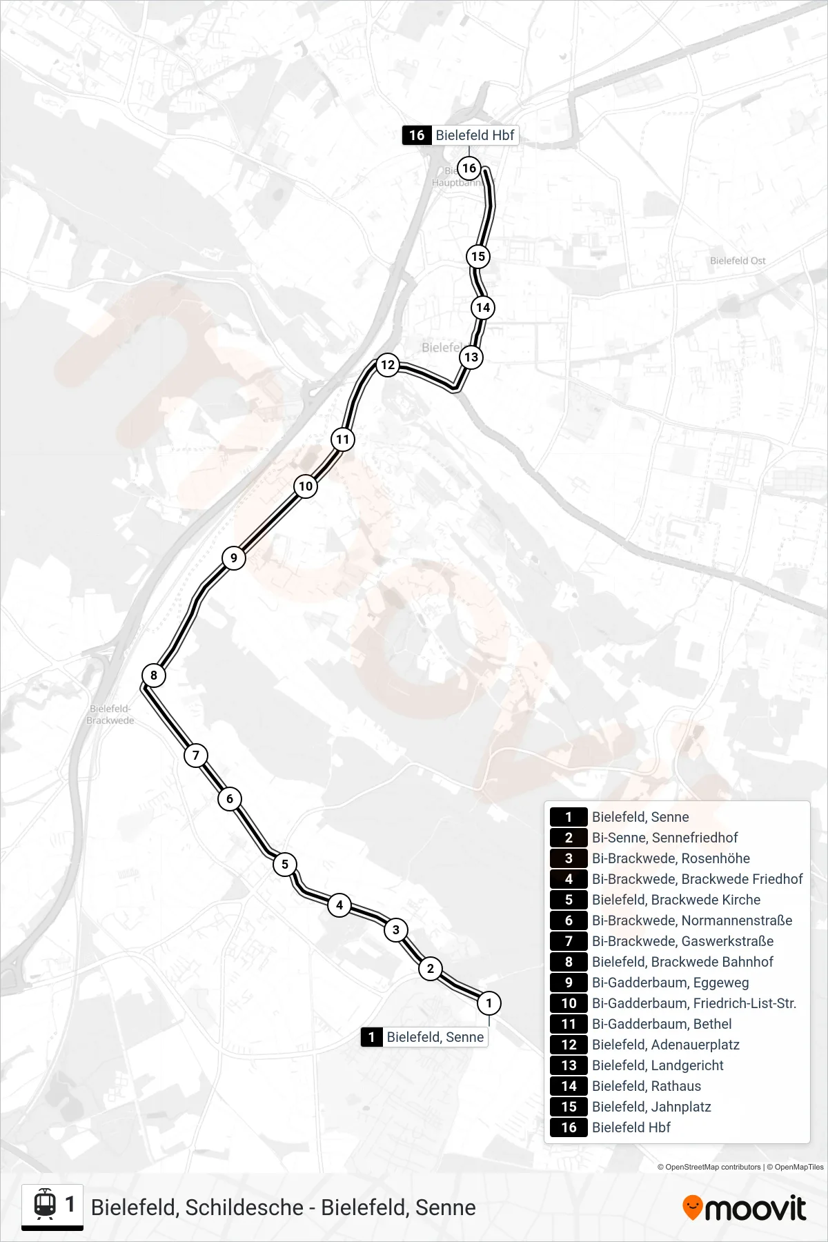 1 light rail Line (Bielefeld Hbf) route and stops on a map