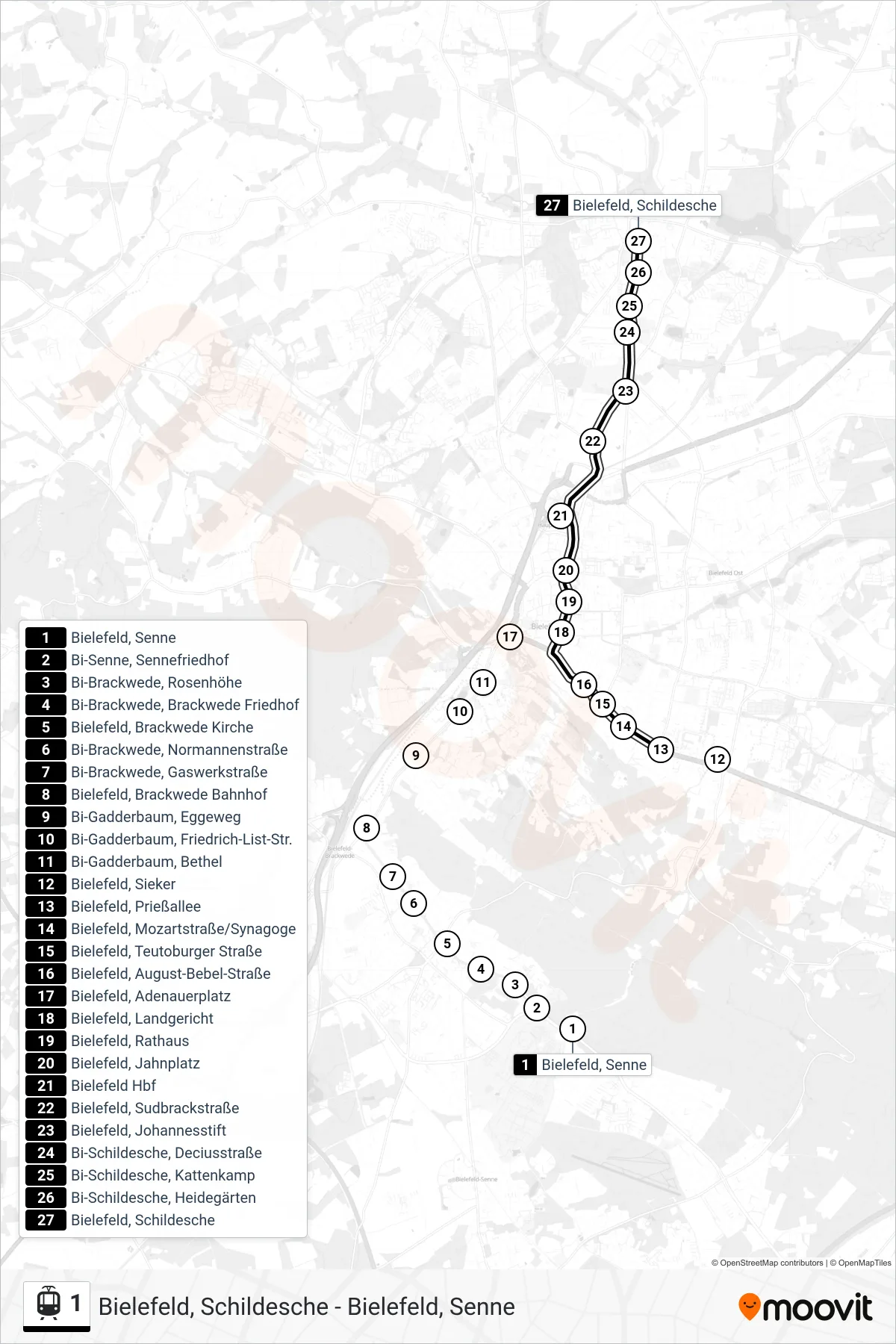 1 tram Line (Bielefeld, Schildesche) route and stops on a map