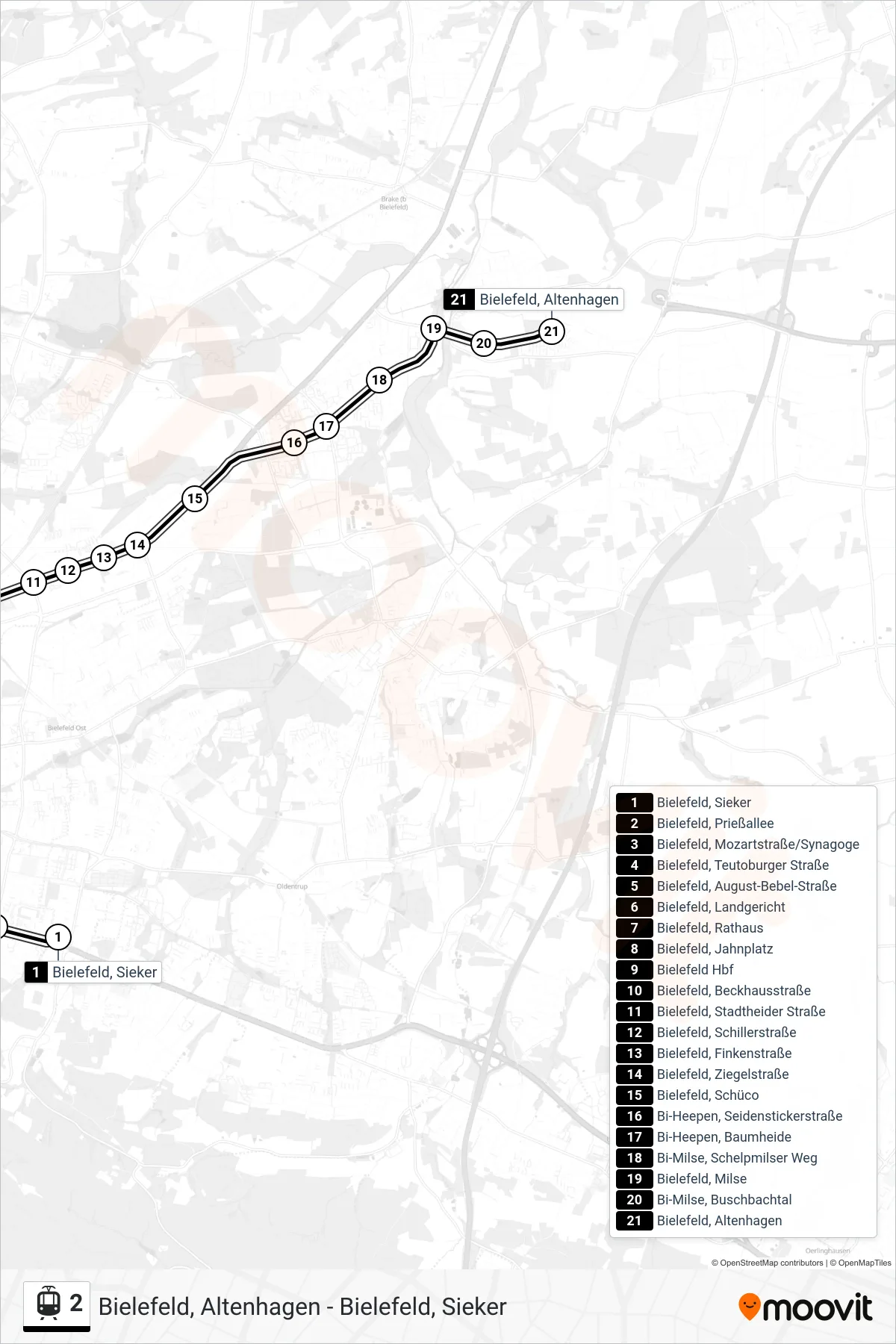 Linie 2 (Straßenbahn) Richtung Bielefeld, Altenhagen: Route und Haltestellen auf der Karte