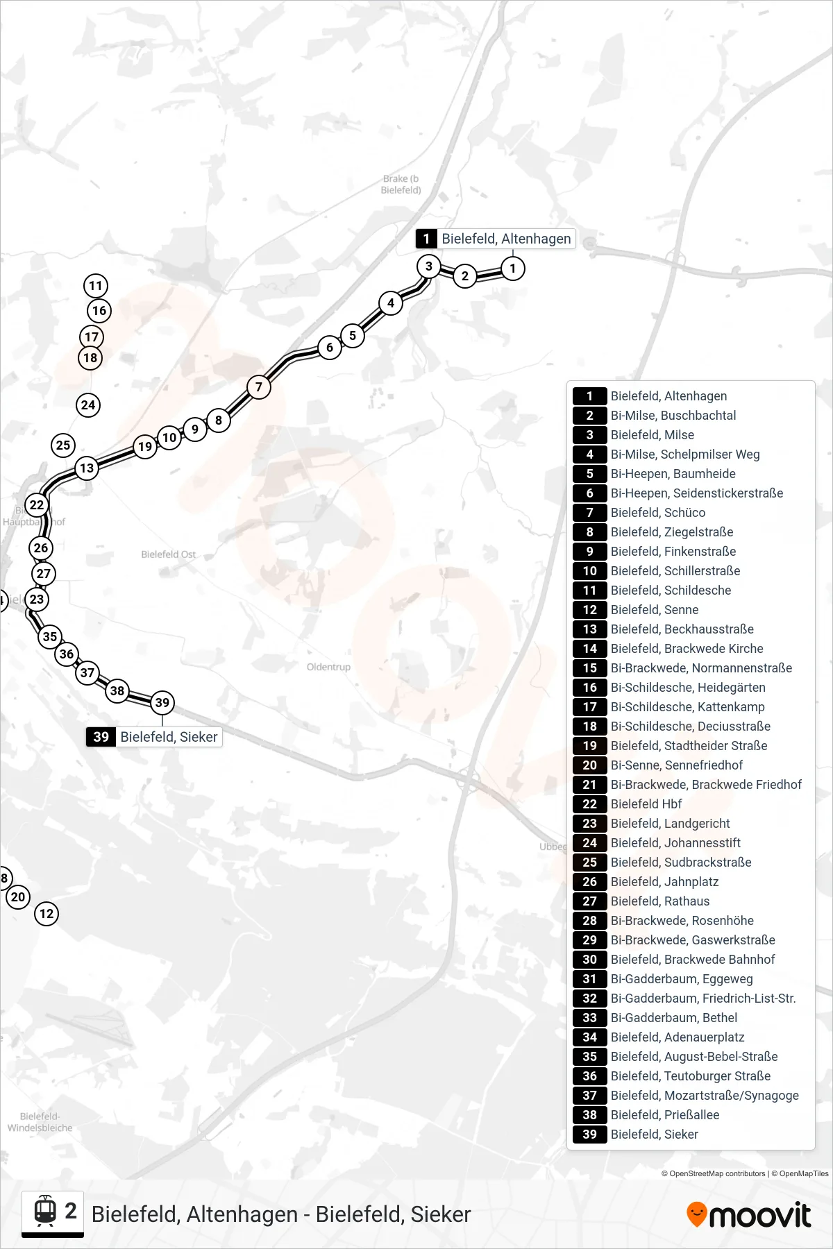 2 tram Line (Bielefeld, Sieker) route and stops on a map