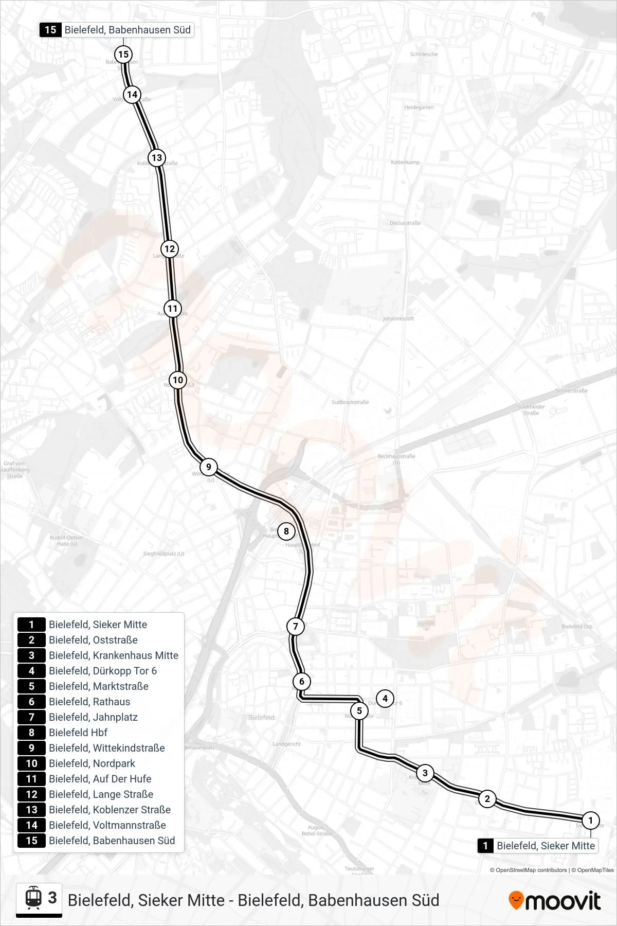 Linie 3 (Straßenbahn) Richtung Bielefeld, Babenhausen Süd: Route und Haltestellen auf der Karte