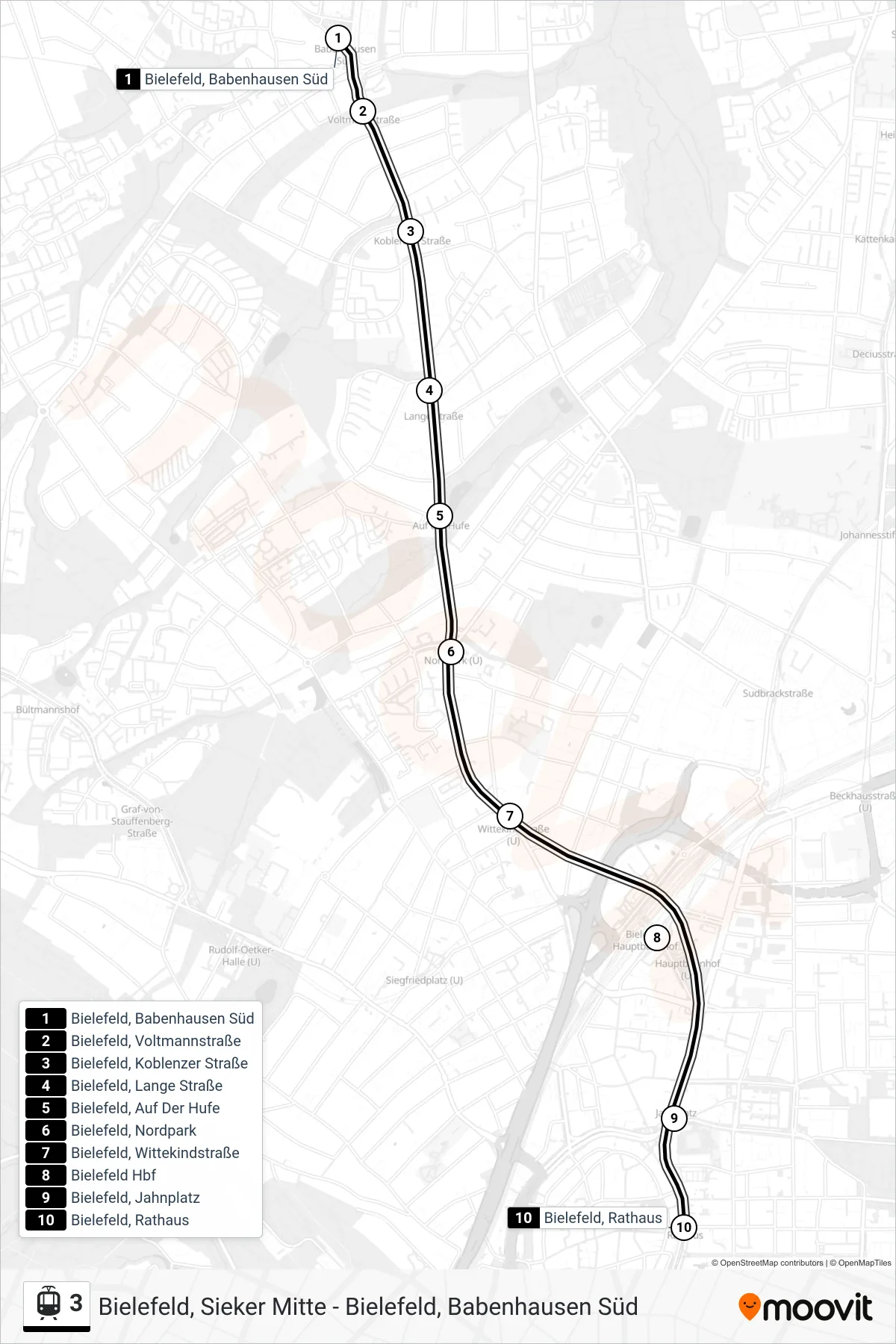 Linie 3 (Straßenbahn) Richtung Bielefeld, Rathaus: Route und Haltestellen auf der Karte