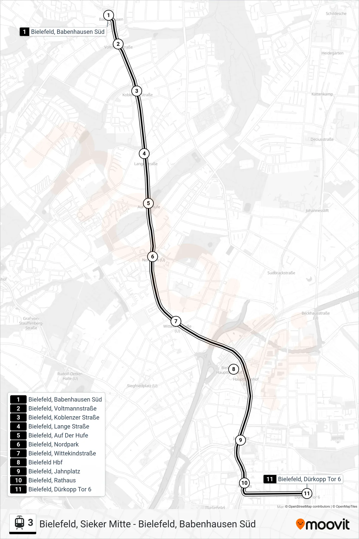 Linie 3 (Straßenbahn) Richtung Bielefeld, Dürkopp Tor 6: Route und Haltestellen auf der Karte