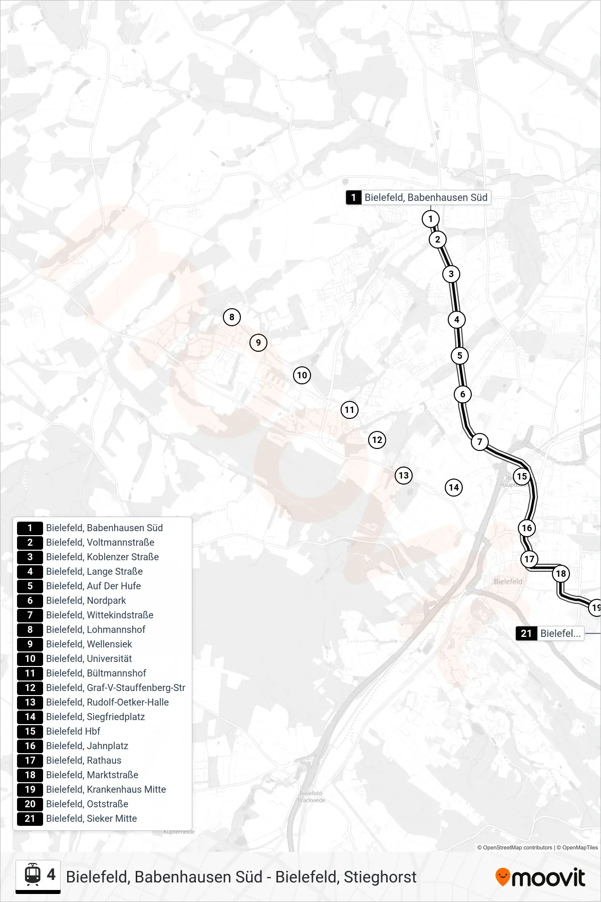 Linie 4 (Straßenbahn) Richtung Bielefeld, Sieker Mitte: Route und Haltestellen auf der Karte