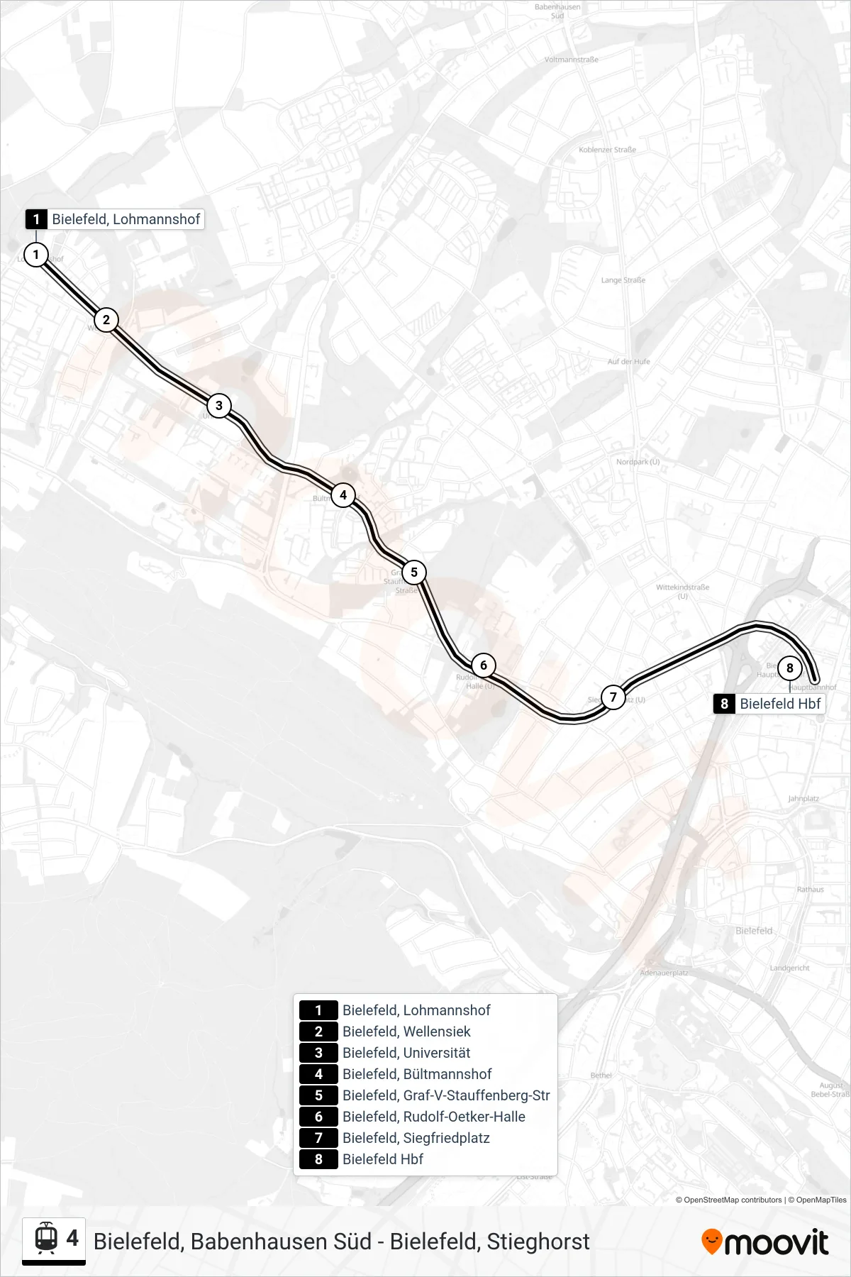 4 tram Line (Bielefeld Hbf) route and stops on a map
