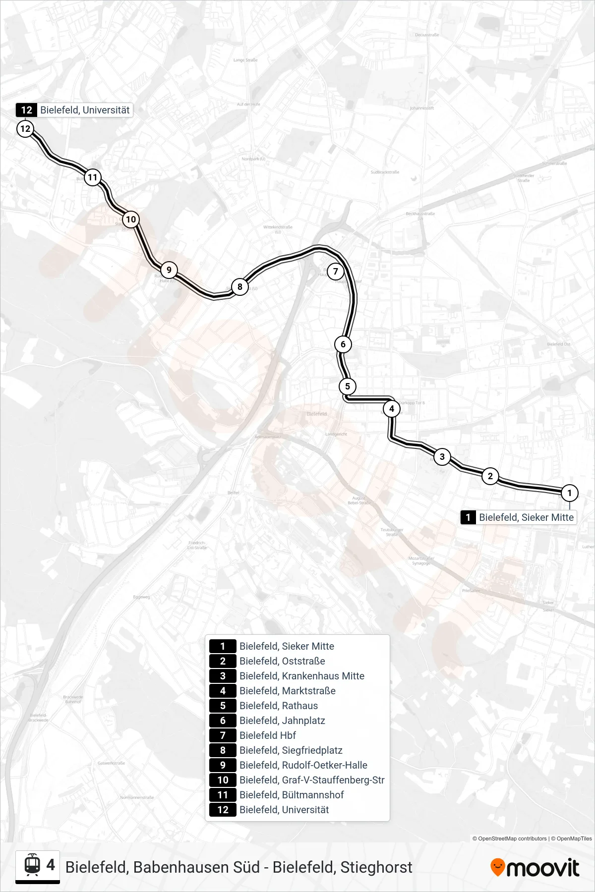 4 tram Line (Bielefeld, Universität) route and stops on a map