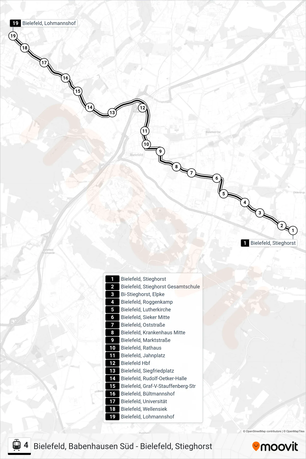 Linie 4 (Straßenbahn) Richtung Bielefeld, Lohmannshof: Route und Haltestellen auf der Karte