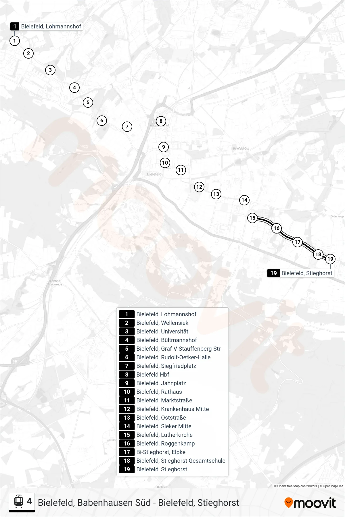 Linie 4 (Straßenbahn) Richtung Bielefeld, Stieghorst: Route und Haltestellen auf der Karte
