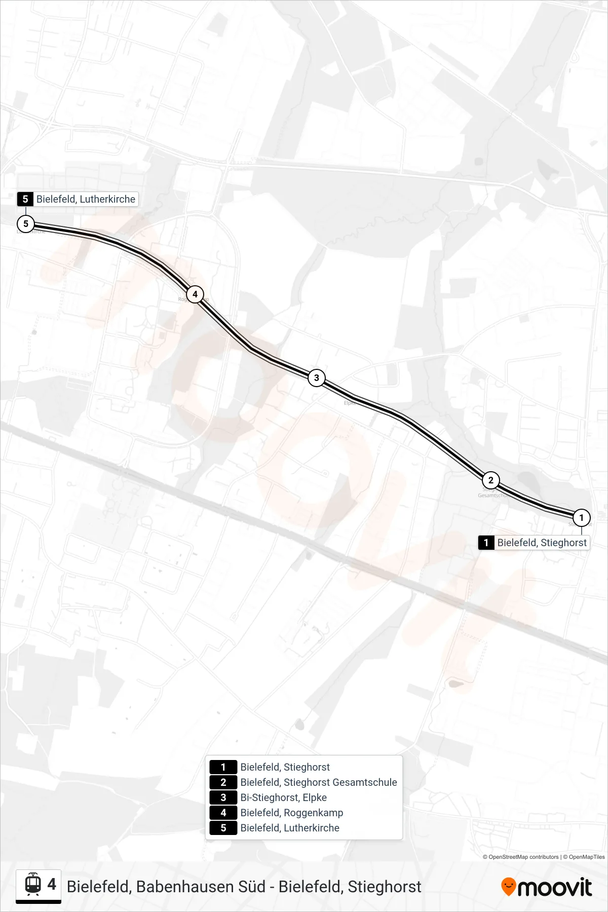 4 tram Line (Bielefeld, Lutherkirche) route and stops on a map