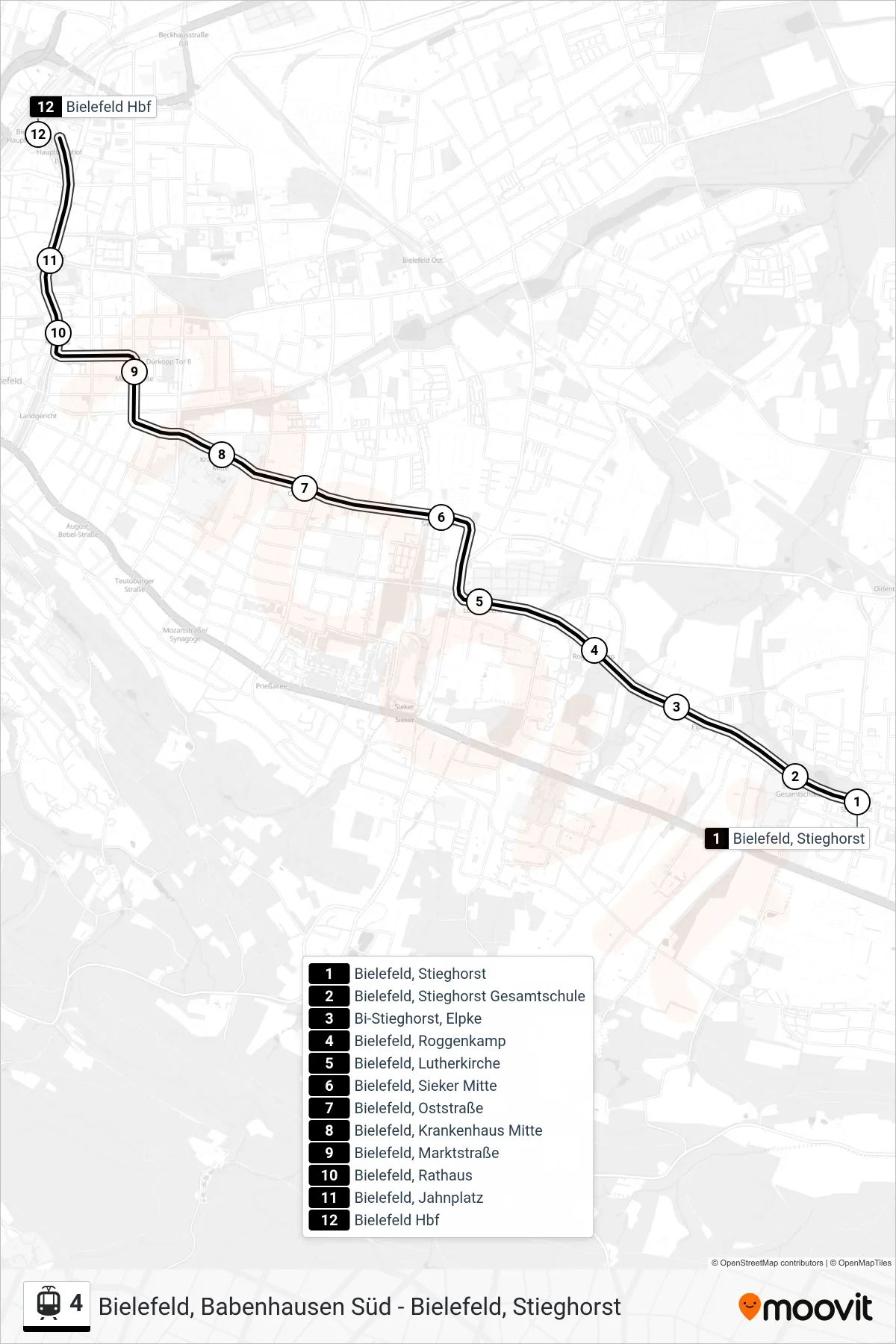 Linie 4 (Straßenbahn) Richtung Bielefeld Hbf: Route und Haltestellen auf der Karte