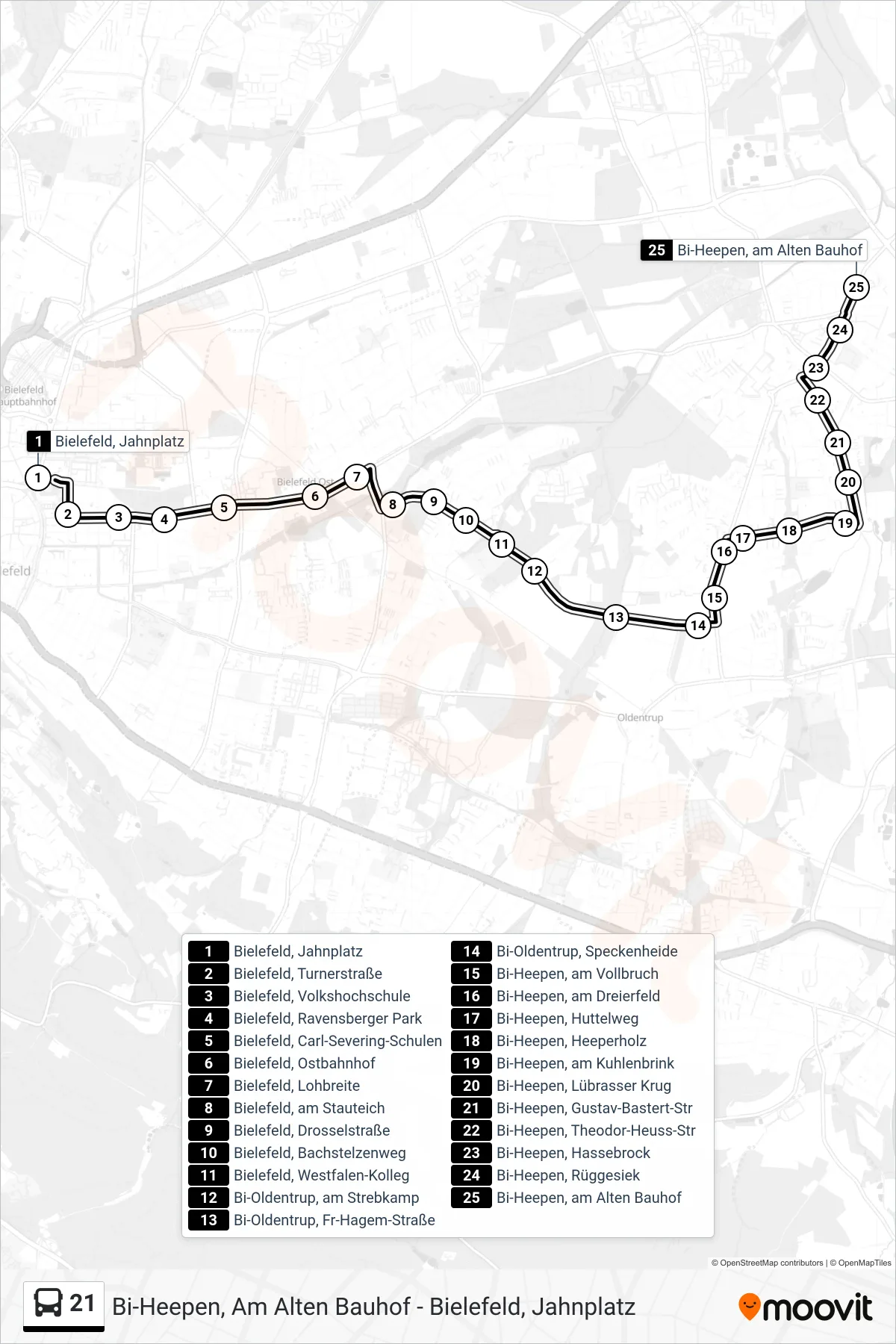 Linie 21 (Bus) Richtung Bi-Heepen, am Alten Bauhof: Route und Haltestellen auf der Karte