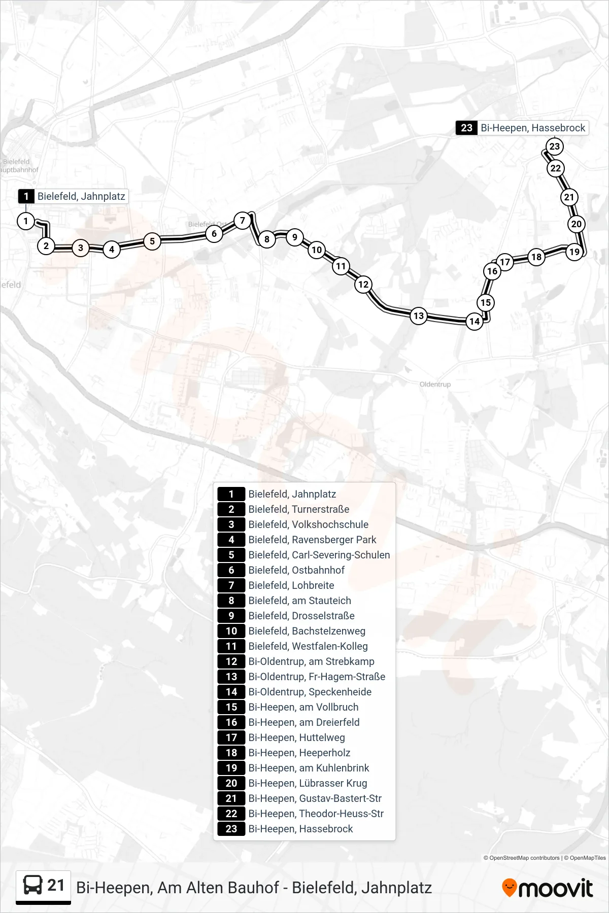 Linie 21 (Bus) Richtung Bi-Heepen, Hassebrock: Route und Haltestellen auf der Karte