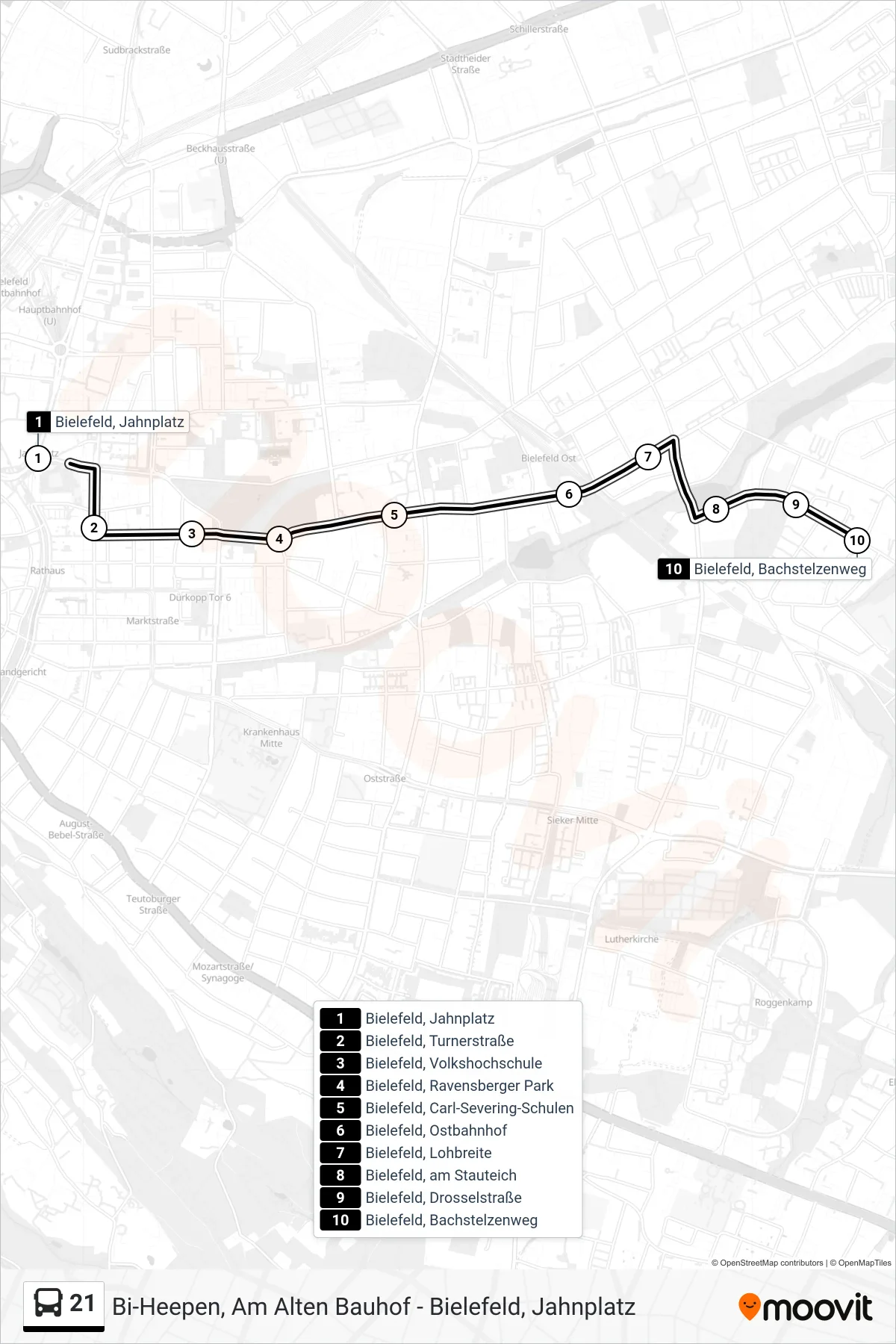 Linie 21 (Bus) Richtung Bielefeld, Bachstelzenweg: Route und Haltestellen auf der Karte