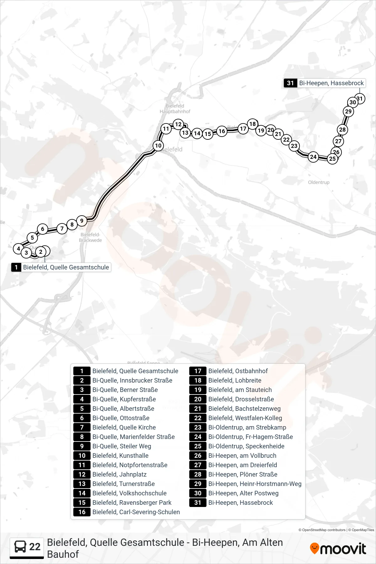 22 bus Line (Bi-Heepen, Hassebrock) route and stops on a map