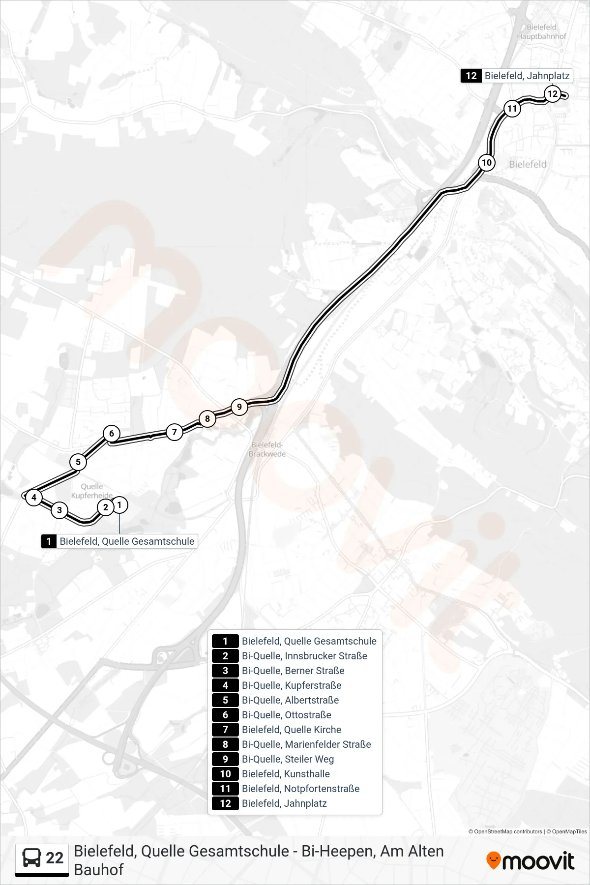Linie 22 (Bus) Richtung Bielefeld, Jahnplatz: Route und Haltestellen auf der Karte