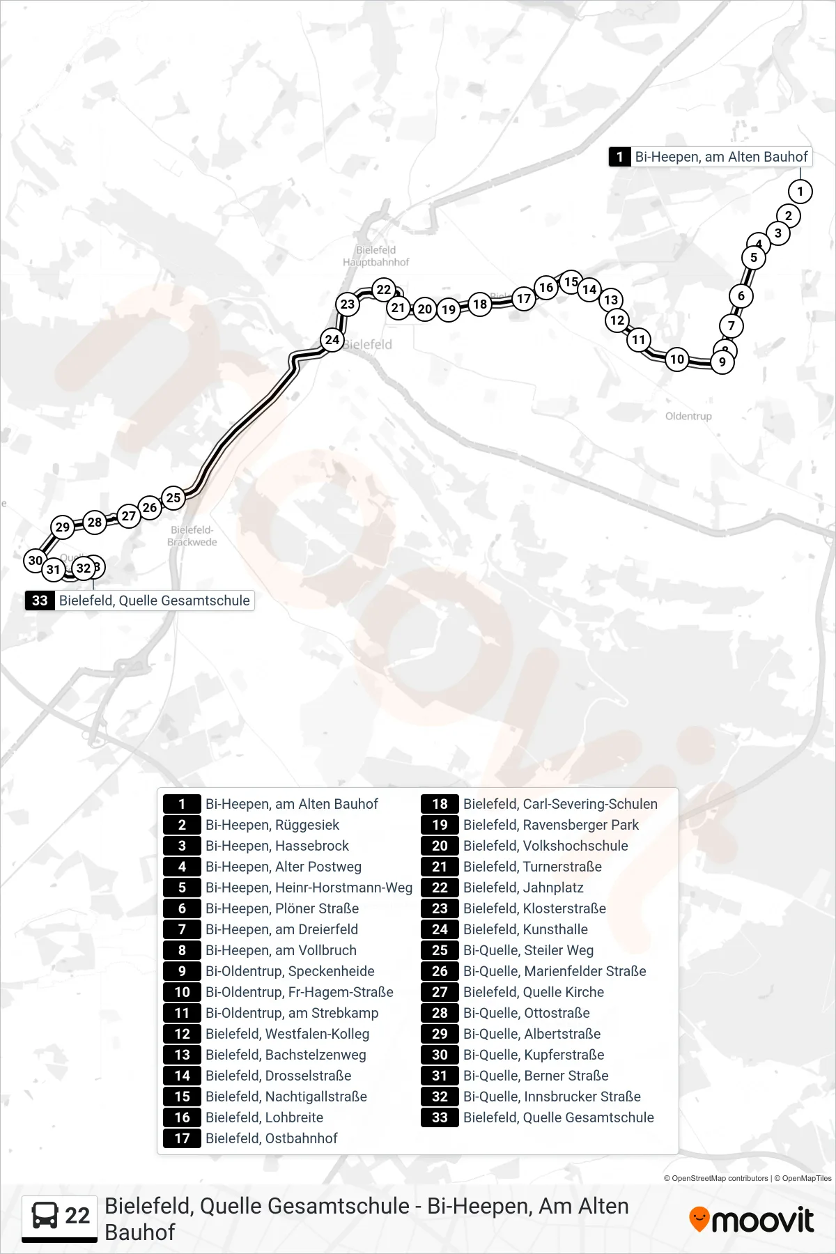 22 bus Line (Bielefeld, Quelle Gesamtschule) route and stops on a map