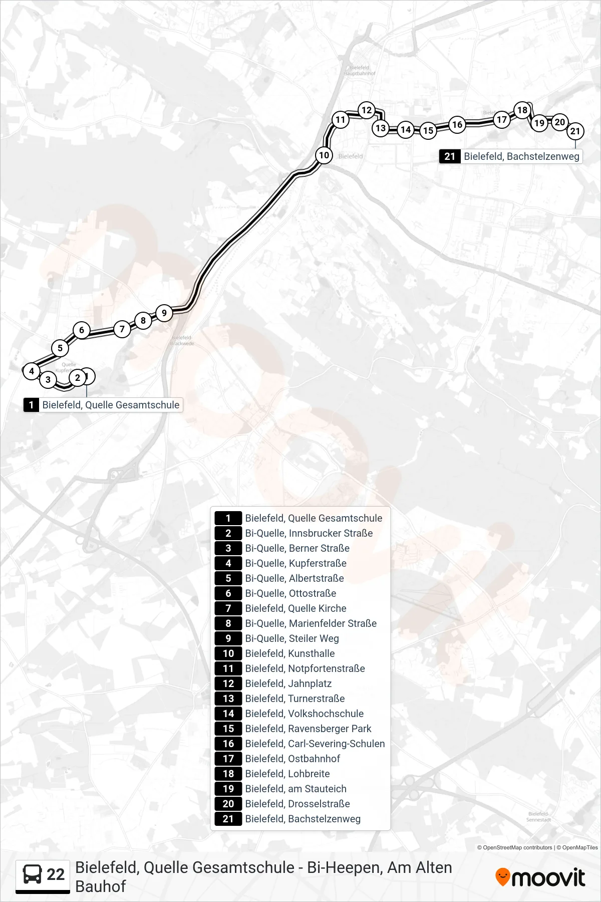 Linie 22 (Bus) Richtung Bielefeld, Bachstelzenweg: Route und Haltestellen auf der Karte