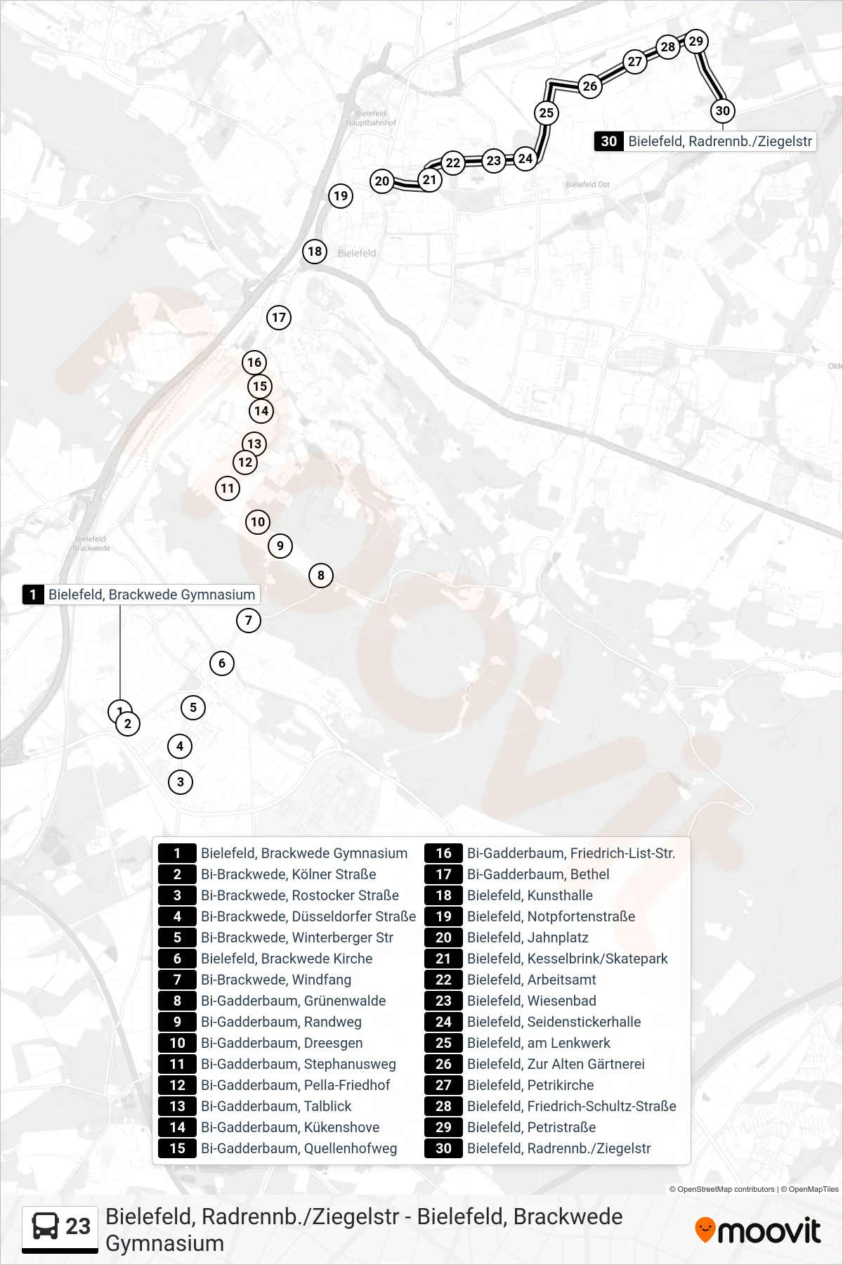 Linie 23 (Bus) Richtung Bielefeld, Radrennb./Ziegelstr: Route und Haltestellen auf der Karte