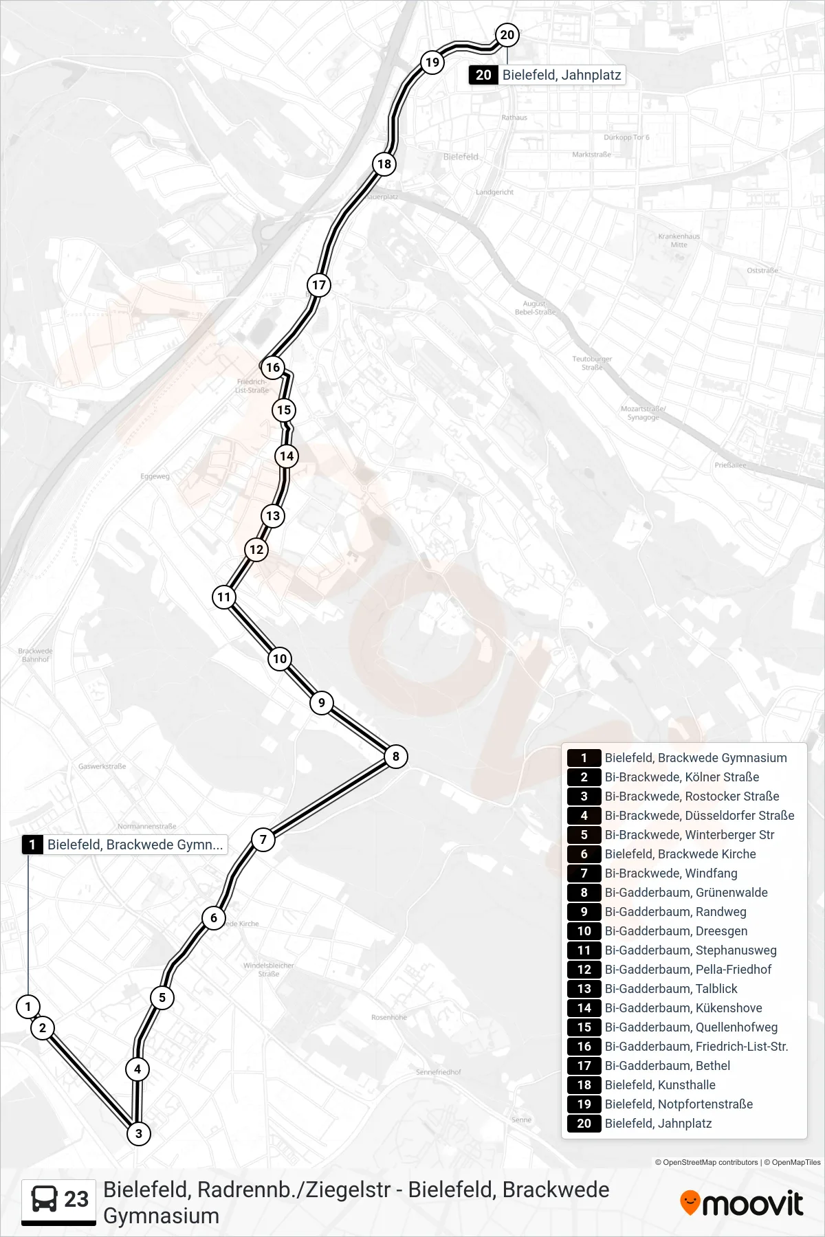 Linie 23 (Bus) Richtung Bielefeld, Jahnplatz: Route und Haltestellen auf der Karte