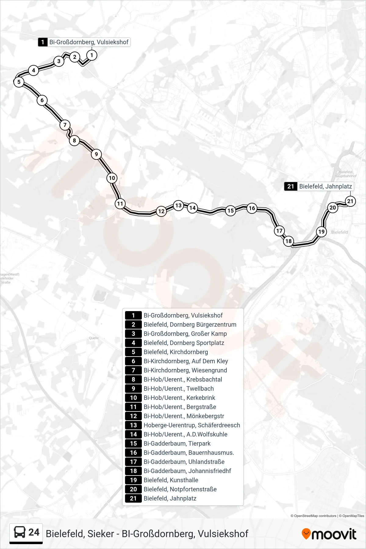 24 bus Line (Bielefeld, Jahnplatz) route and stops on a map